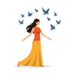 Woman with flying birds blue orange