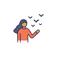 Woman with flowing hair releasing birds person flying