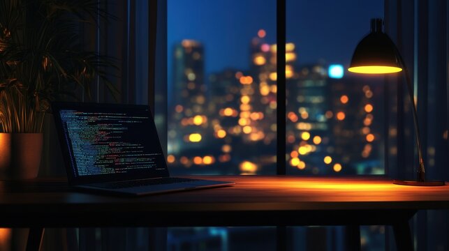 Serene coding environment: laptop with source code and cityscape view