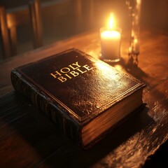 Holy Bible illuminated by candlelight on a rustic wooden table for prayer