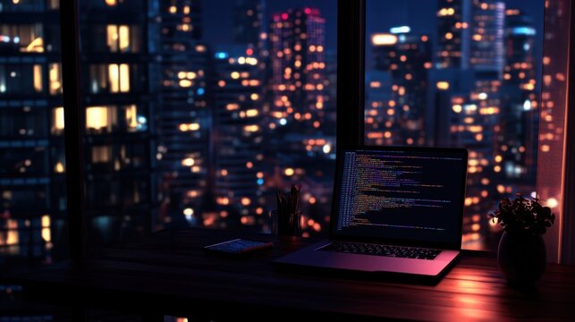 Nighttime coding session with a vibrant cityscape backdrop in the background