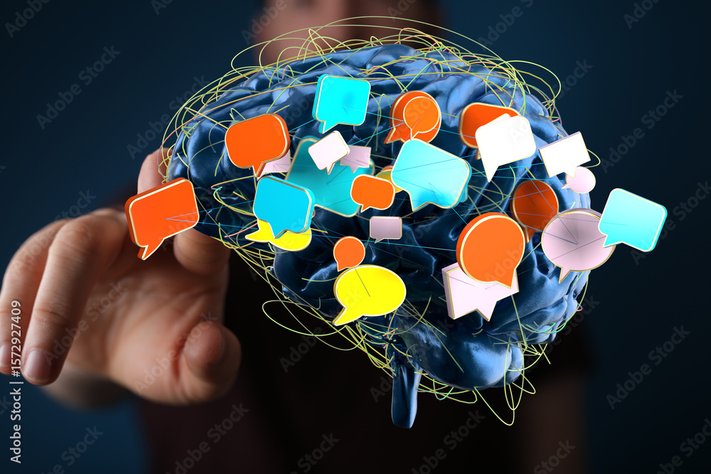 Poster conceptual image of a brain with colorful speech bubbles, representing communication, ideas, and net