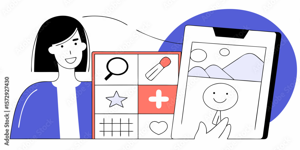 Poster woman interacting with app showcasing icon designs, suitable for tech interfaces and user experience