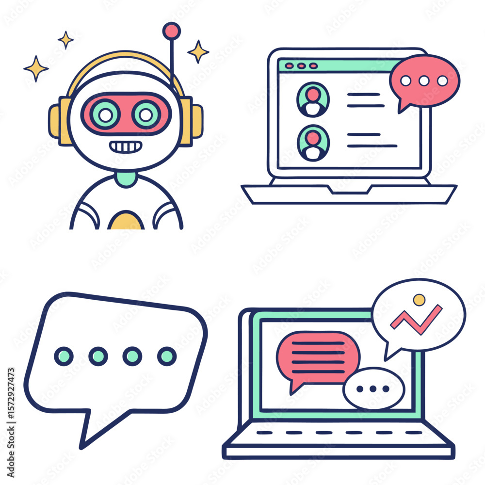 Fototapete illustration showing a robot with headphones laptops and speech bubbles representing communication a