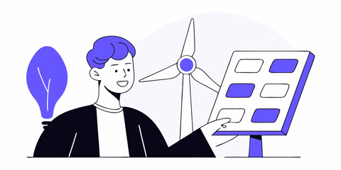Clean energy future concept featuring a person interacting with solar panels and a wind turbine, showcasing renewable power sources