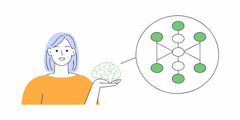 A conceptual depiction of a woman holding a brain, connected to a network, ideal for healthcare or technological concepts, communication, and artificial intelligence design.