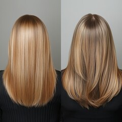 Transformation of female caucasian youthful hair, before and after keratin treatment.