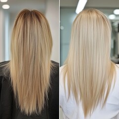 Transformation of female caucasian youthful hair, before and after keratin treatment.
