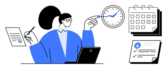 Naklejka na ściany i meble Person working on laptop with clock, calendar, and documents. Ideal for scheduling, organization, accountability, productivity, workflow management time tracking and multitasking. Simple flat