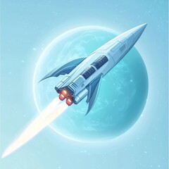 Cartoon Rocket Ship Launching into Space with a Planet in the Background