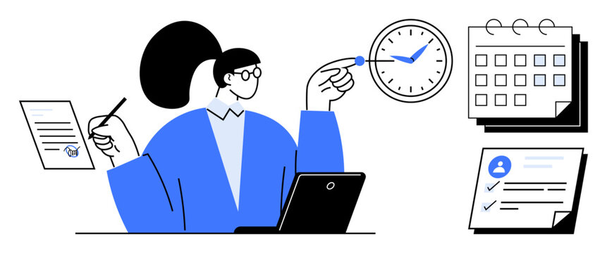 Person working on laptop with clock, calendar, and documents. Ideal for scheduling, organization, accountability, productivity, workflow management time tracking and multitasking. Simple flat