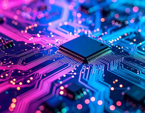 Close-up of a glowing circuit board with a microchip, illuminated in vibrant blue and pink neon lights. Represents technology, data, and future innovation.