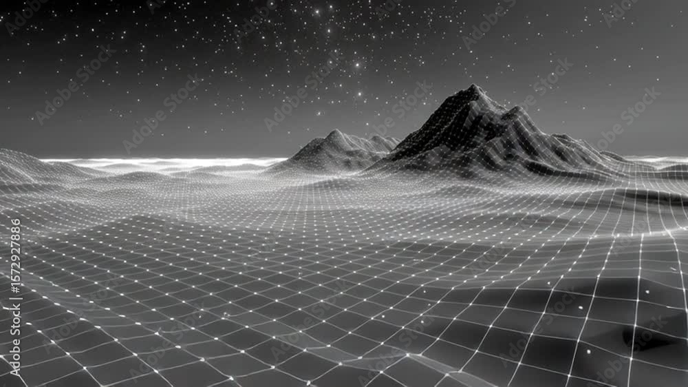 Poster digital landscape with grid pattern and starry night sky generative ai