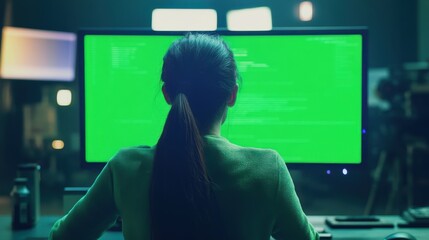 Focused programmer working on green screen monitor in dark environment at night