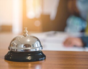 Service bell on a wooden desk, signifying attention, hospitality, and customer service. Blurred background of an office or hotel lobby with warm sunlight. Ideal for business and travel themes.