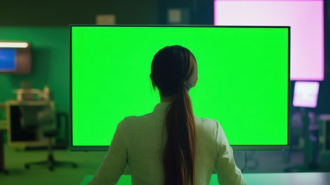 Young woman working with green screen in modern office environment studio