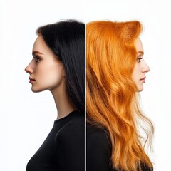 Woman before and after hair coloring on white background