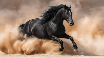 Dynamic Black Horse Running: Graceful Steed Kicks Up Sand in Wild Equine Photography