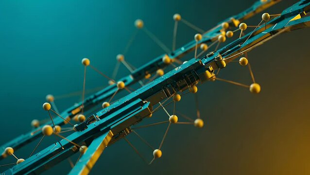 Abstract network of metallic structures with glowing yellow nodes