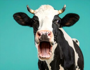 Close-up of a surprised black and white Holstein cow with its mouth wide open, looking directly at the camera on a vibrant turquoise background.