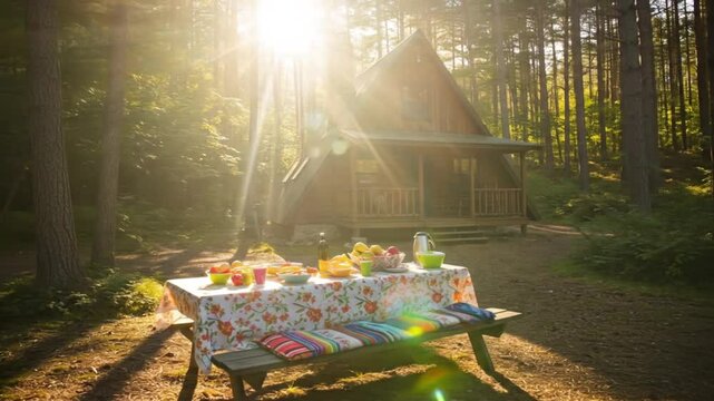 Cabin picnic amidst sunlit forest