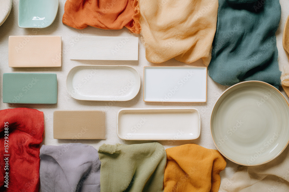 Poster ceramic plate rectangular dish fabric swatch flat lay pastel color textile tableware minimal style s