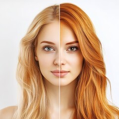 Woman before and after hair coloring on white background