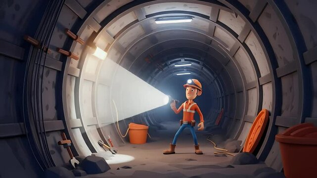 Cartoon construction worker in animated tunnel lighting scene with flashlight