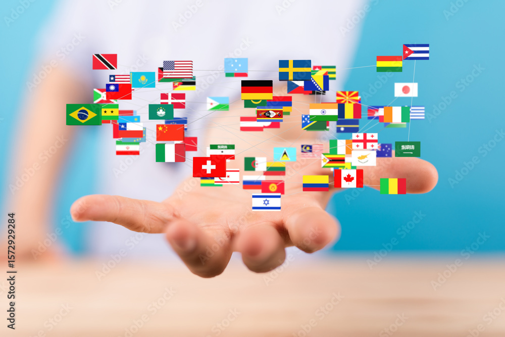 Poster Image of interconnected flags representing global communication and networking.
