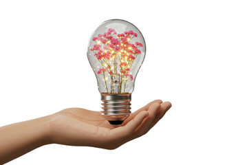 Isolated Hand Holding a Light Bulb Filled with Pink Flowers