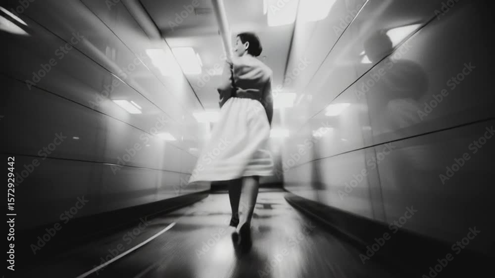 Poster woman walking through an empty corridor in a modern building generative ai