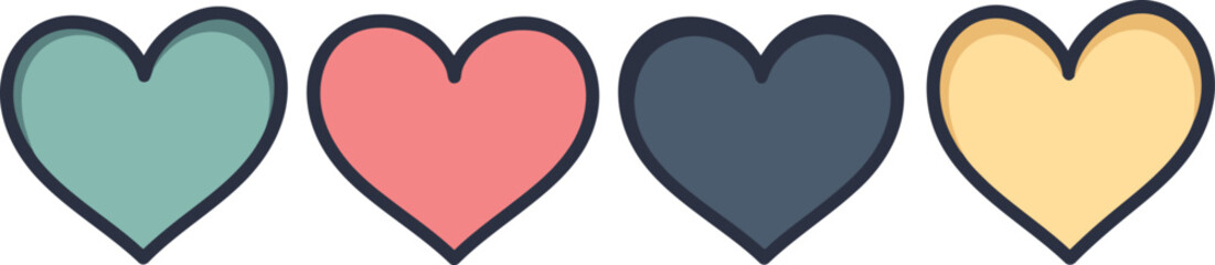 Four colorful hearts in a row on a white background illustration