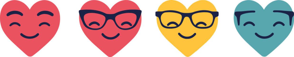 Four colorful heart emojis with smiling faces and eyeglasses