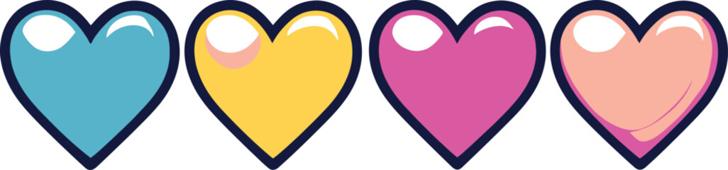 Four colorful hearts with smaller hearts inside on white background