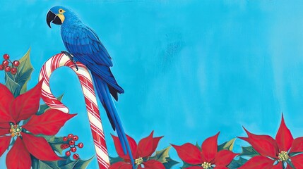 Festive Blue Macaw Perched on Candy Cane with Poinsettia Blooms Against a Vibrant Turquoise Sky