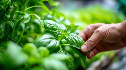 Picking basil leaves for al fresco meal, soft green blur