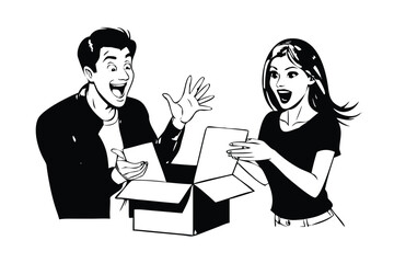 Man and Woman Unboxing in Pop Art Comic Style. Retro Vector Illustration with Excited Expression