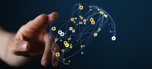 Hand reaching for a futuristic network.  Global connection, data, technology concept.
