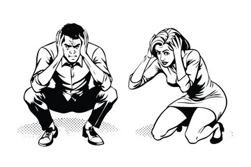 Frustrated Man and Woman in Pop Art Comic Style. Retro Vector Illustration with Exaggerated Emotion