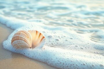 Seashell resting on sandy shore with gentle waves at sunrise by the ocean, Seashell rests on sandy shore with gentle waves and foam