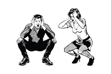 Frustrated Man and Woman in Pop Art Comic Style. Retro Vector Illustration with Exaggerated Emotion