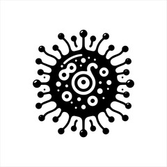 Black and white illustration of a microscopic virus cell.