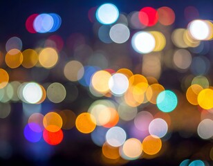 Fototapeta premium Abstract Bokeh Background of Vibrant City Lights at Night, featuring colorful, blurred circles creating a festive and dreamy atmosphere.