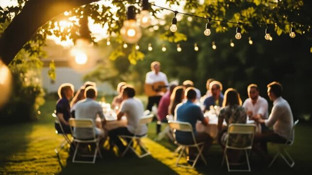 Cinematic focus pull from glowing string lights to a blurry background of people enjoying a backyard party at dusk, creating a warm atmosphere.