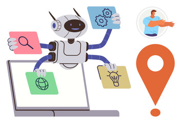 Robot multitasking with search, settings, internet, and idea concepts on a laptop. Prominent map marker, user profile. Ideal for AI, automation, innovation digital workflow navigation user