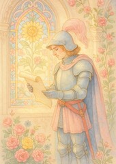 Naklejka premium Knight reading scroll amidst flowers.