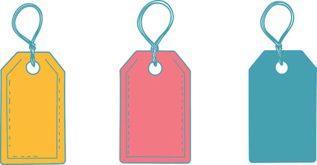 Three colorful price tags with string on a white background