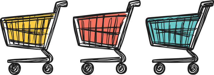 Three colorful shopping carts in a row on a white background
