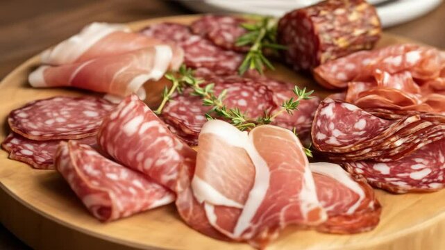 Delicious charcuterie board with salami, prosciutto, meat, and herbs arranged attractively on a wooden platter.