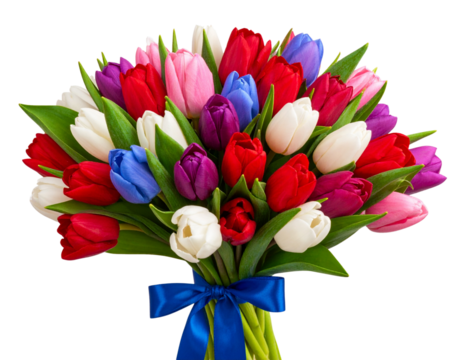  Bundle of Multicolor Tulips Tied with Ribbon Vertical Layout Transparent Background PNG